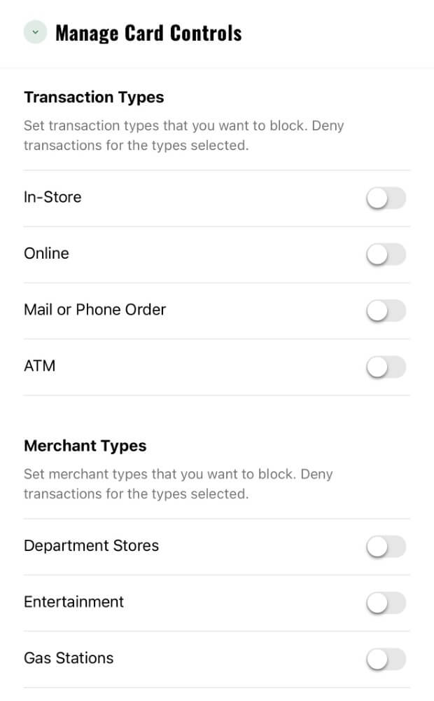 Manage Card Controls Screen