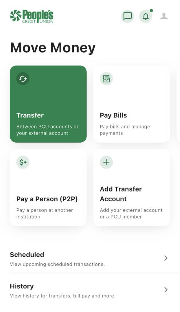 Move money screen of the PCU account